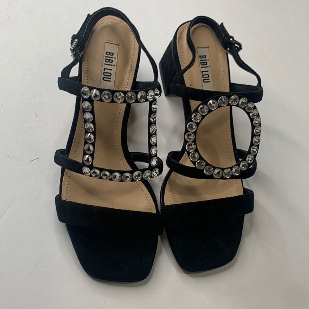 Bibi Lou Anthropologie black suede crystal straps heeled sandals NWOB